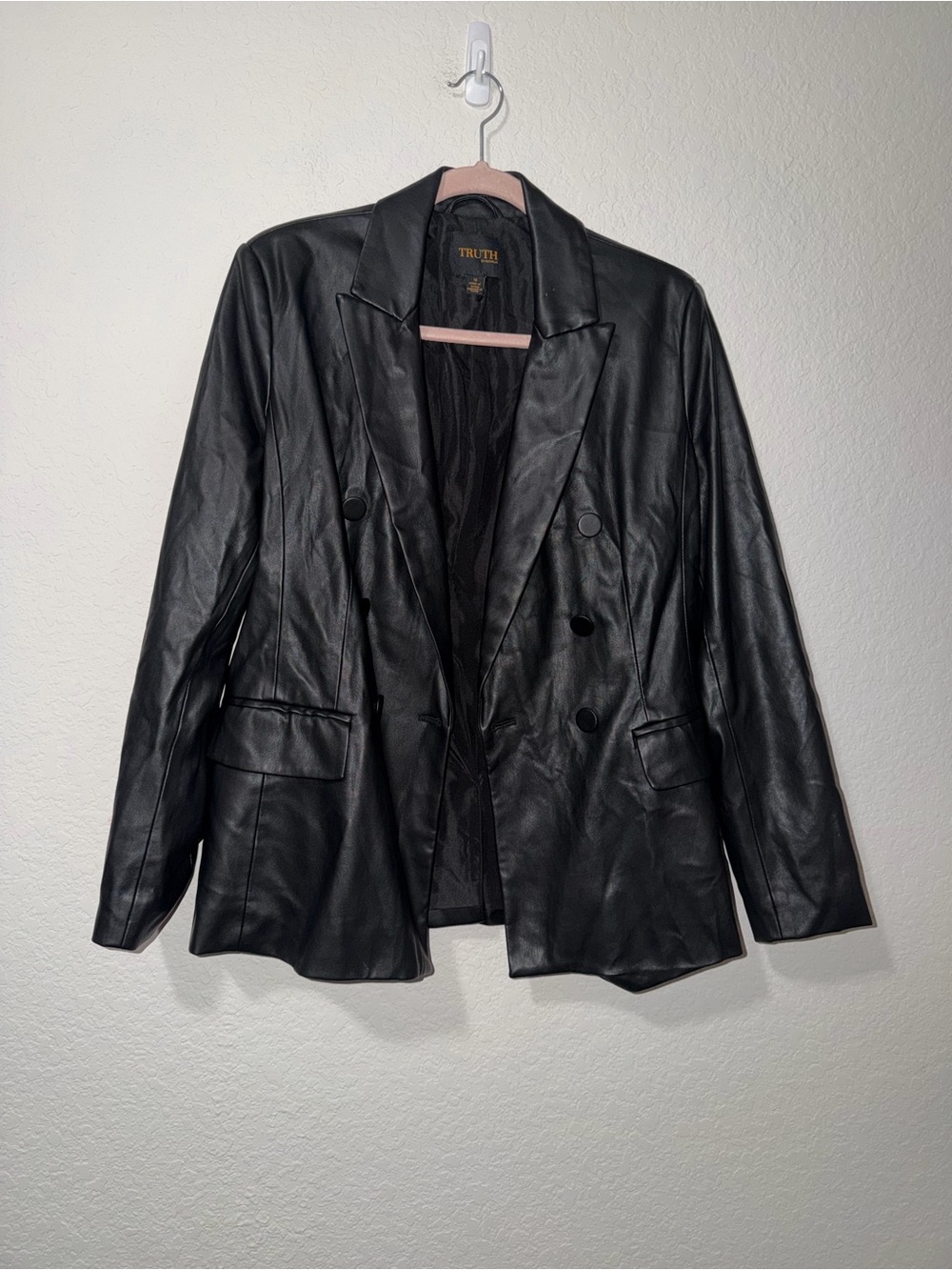 Truth Black Faux Leather Double-Breasted Blazer